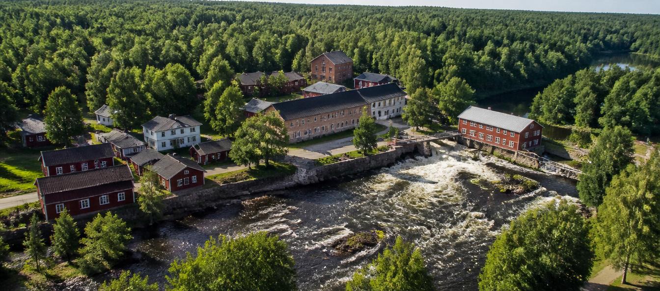 Aerial view of Gysinge Bruk and the Dalälven river rapids